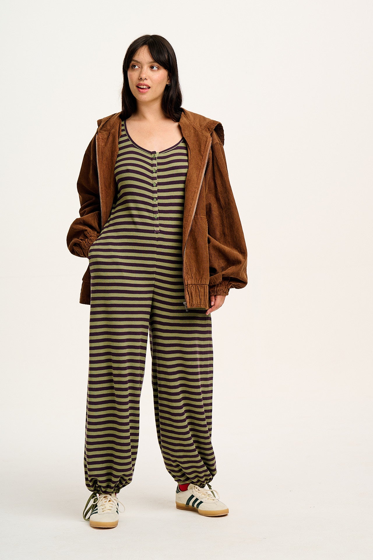 Eli - Relaxed Waffle Jumpsuit in Green & Purple Stripe