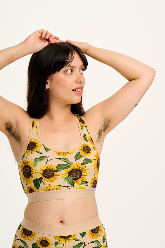 Iona - Racer Back Cotton & Bamboo Crop Top in Cream Sunflower Print