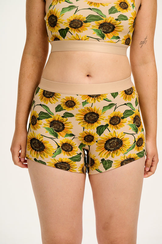 Joey - Cotton & Bamboo Boxer Shorts in Cream Sunflower Print