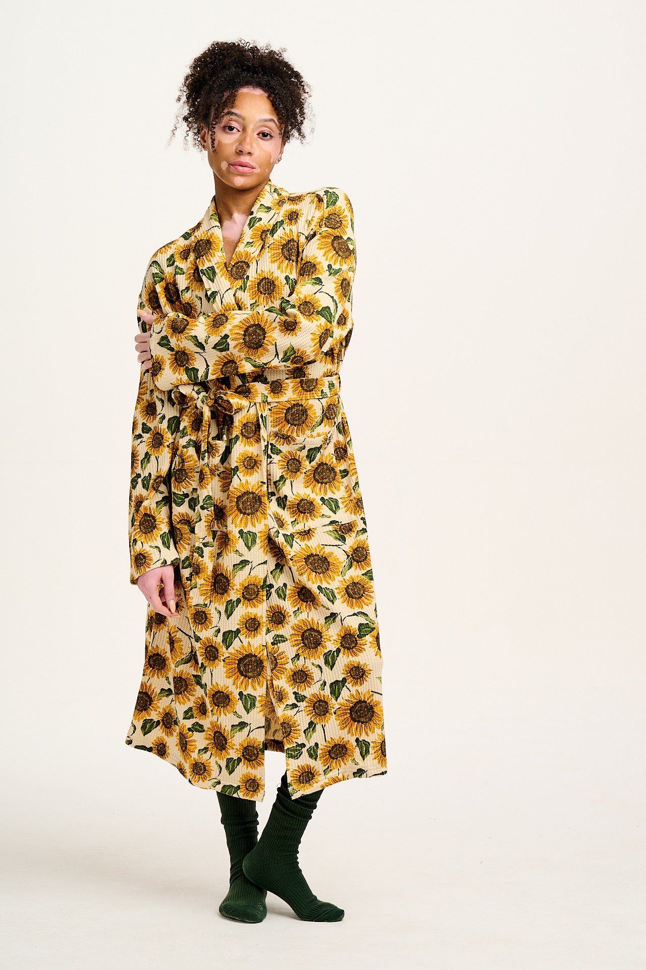 Braydon - Waffle Cotton Robe in Cream Sunflower Print