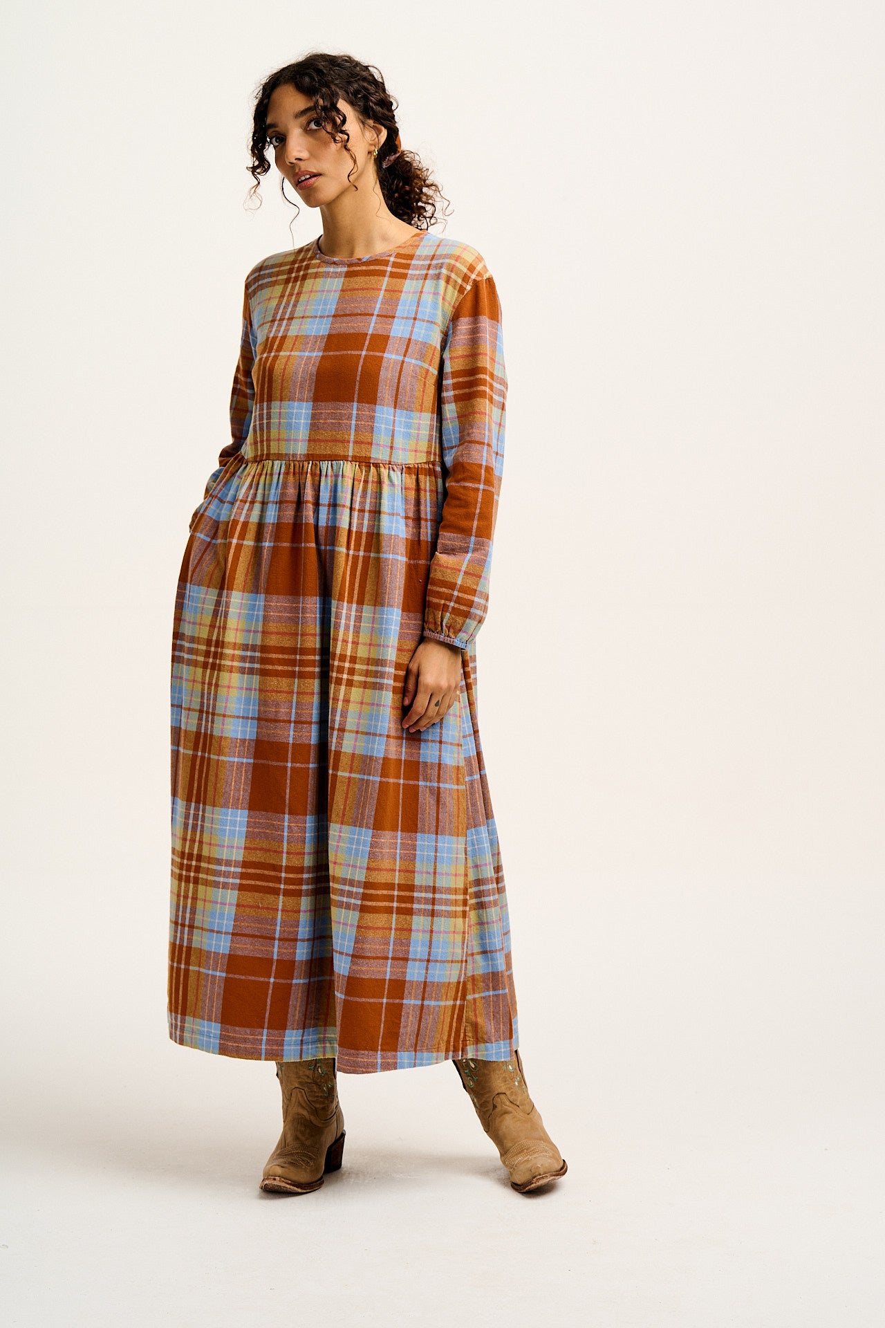 Maeve - Midi Dress in Brown & Blue Alastair Tartan Print