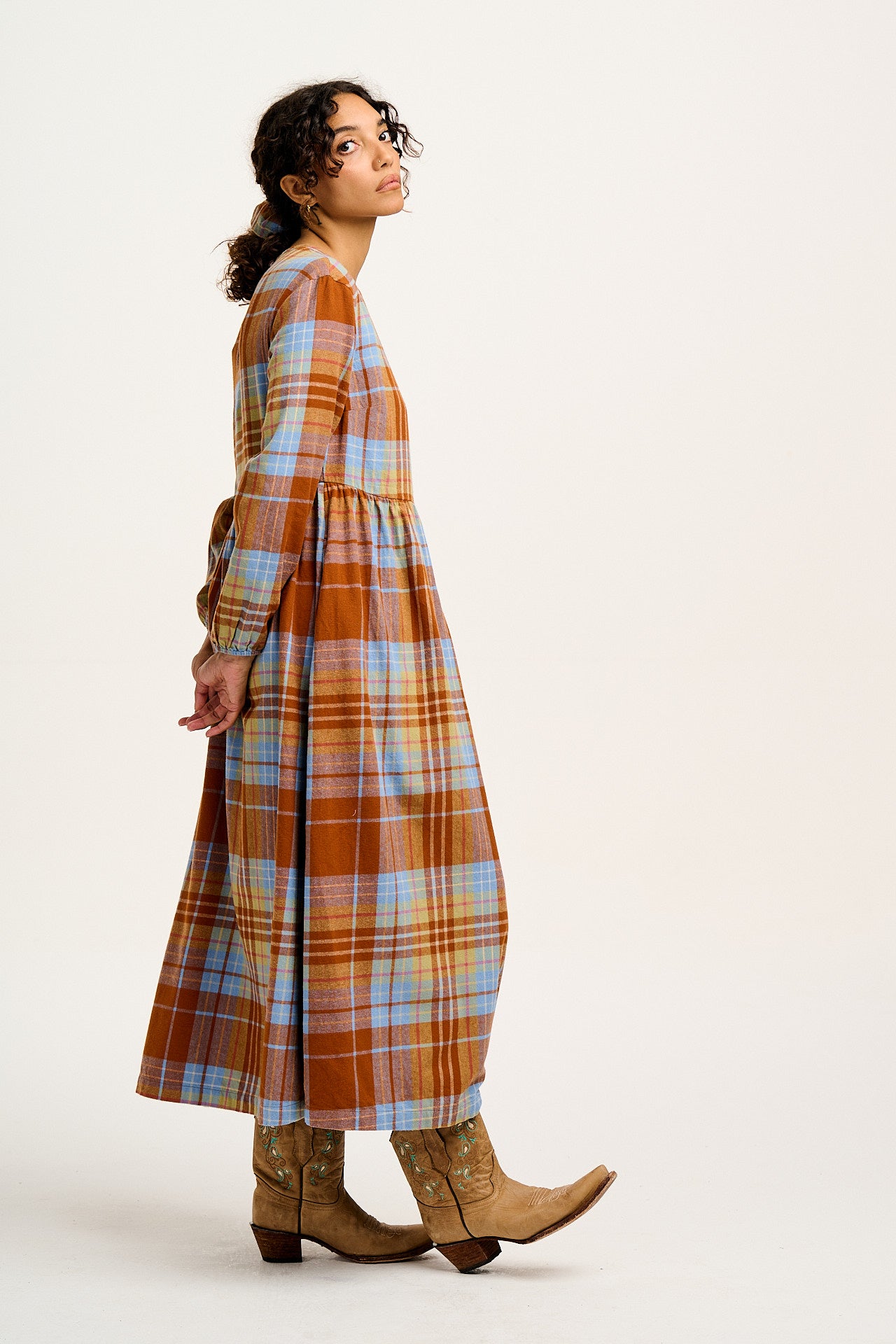 Maeve - Midi Dress in Brown & Blue Alastair Tartan Print