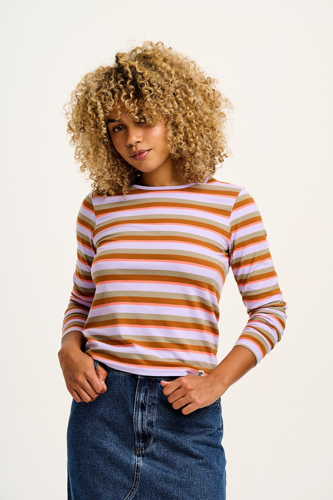 Rey - Long Sleeve Cotton Top in Iris Stripe Print