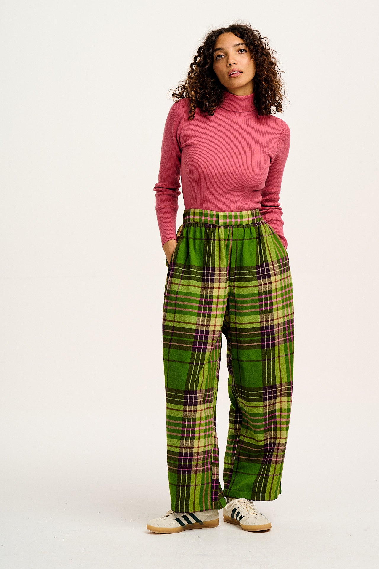 Beau - Balloon Brushed Cotton Trousers in Green Isla Tartan Print