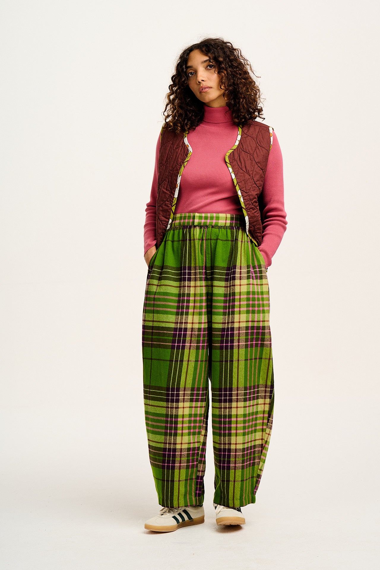 Beau - Balloon Brushed Cotton Trousers in Green Isla Tartan Print