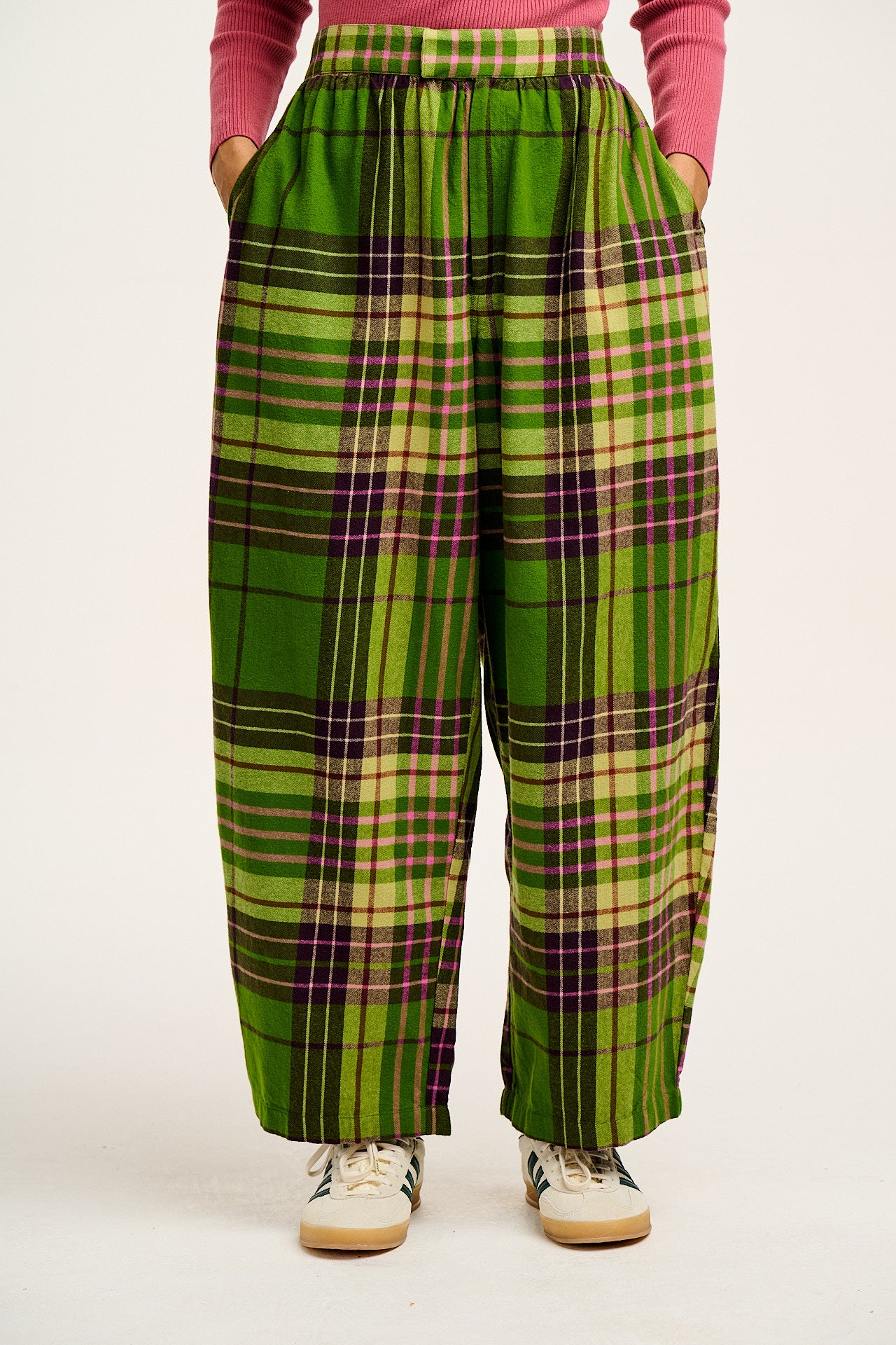 Beau - Balloon Brushed Cotton Trousers in Green Isla Tartan Print