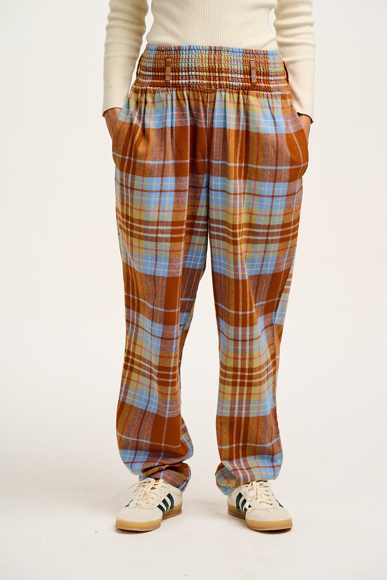 Alexa - Cotton Trousers in Brown & Blue Alastair Tartan