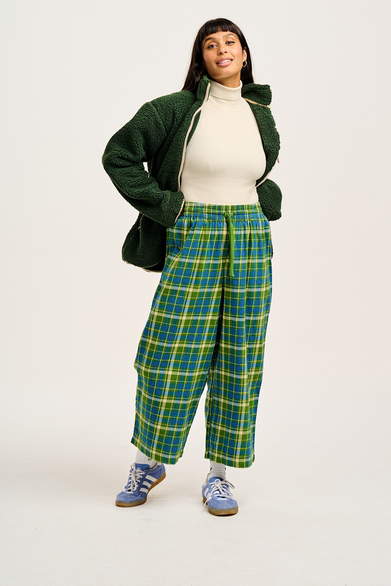 Chuck - Wide Leg Cotton Trousers in Green & Blue Elsie Tartan Print