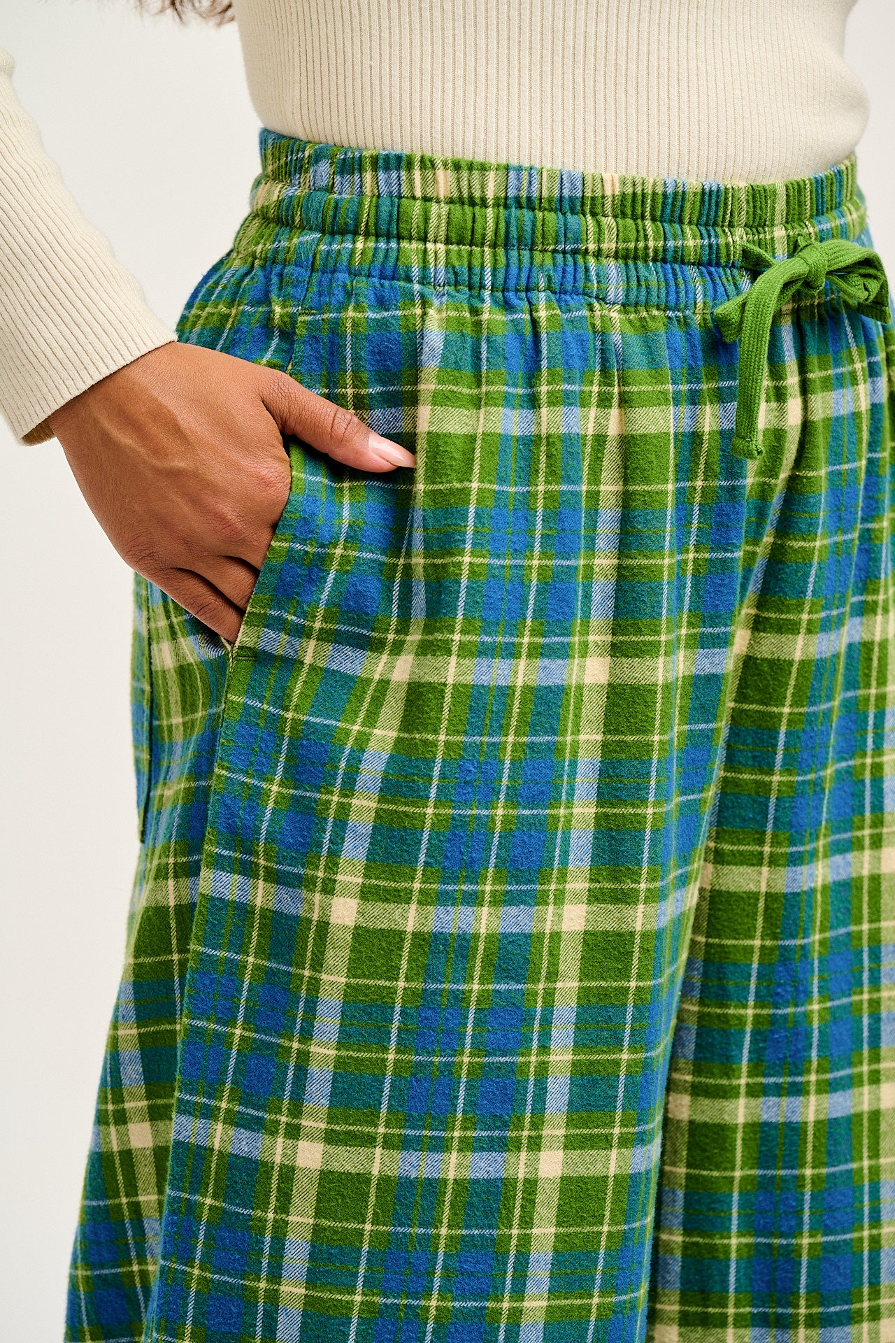 Chuck - Wide Leg Cotton Trousers in Green & Blue Elsie Tartan Print