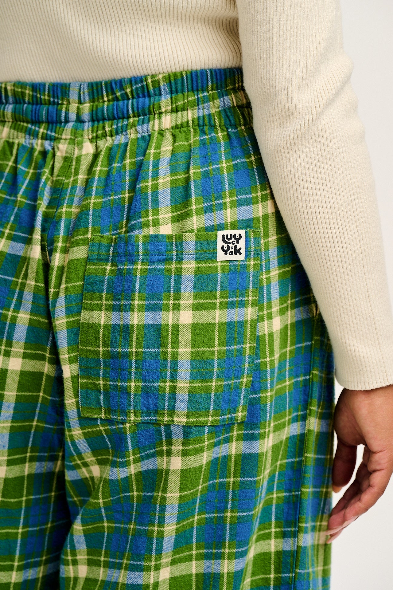 Chuck - Wide Leg Cotton Trousers in Green & Blue Elsie Tartan Print