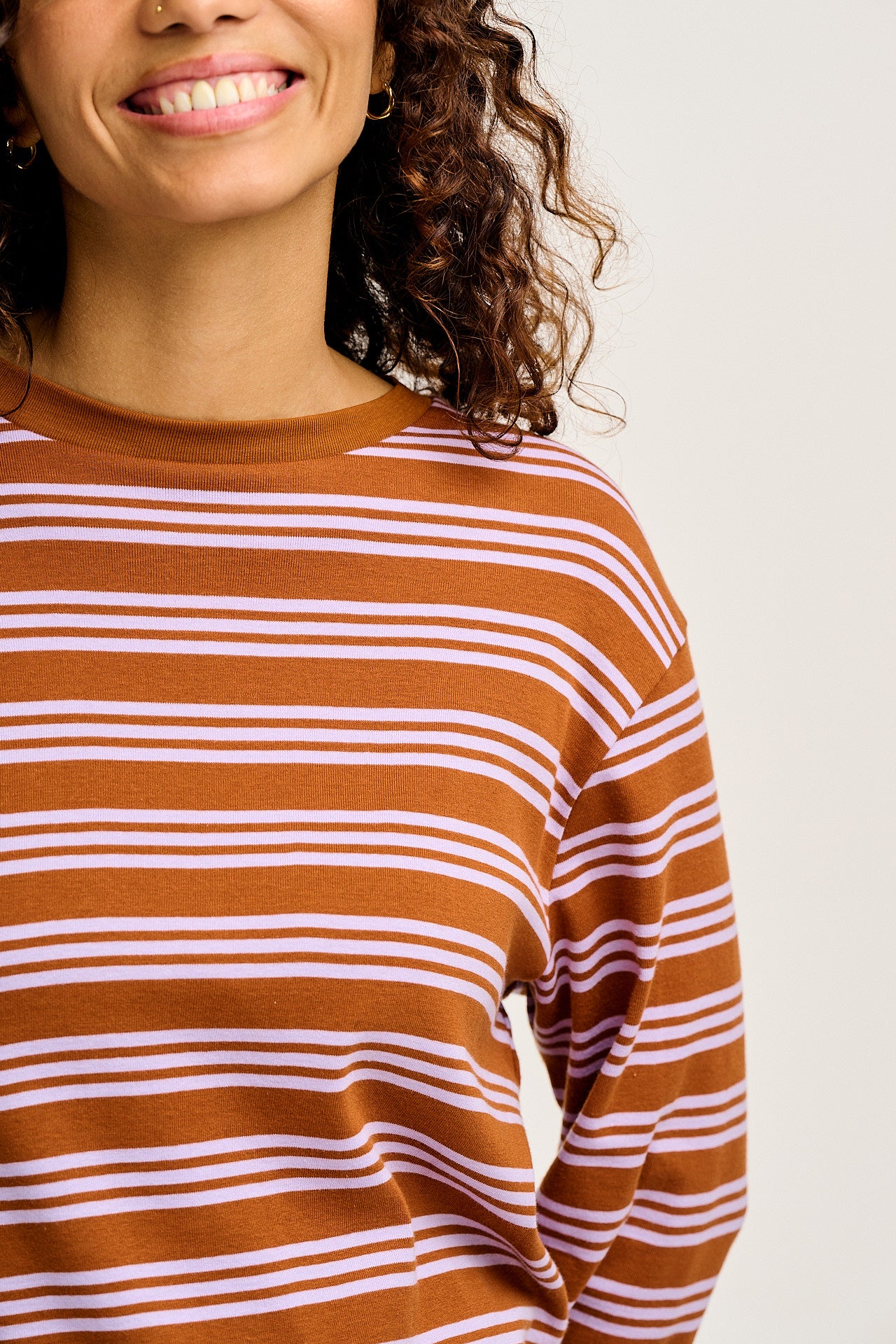 Hermione - Fluted Cotton Top in Lilac & Brown Stripe