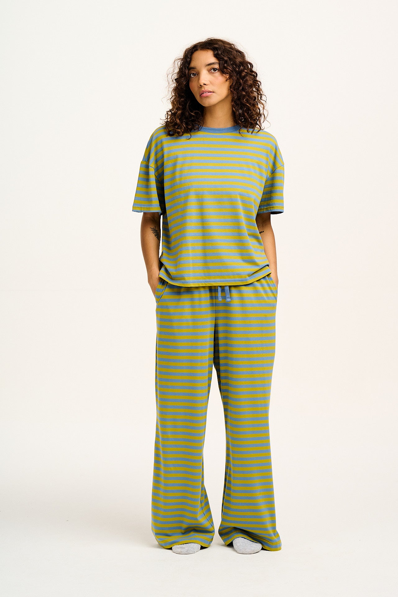 Sabrina - Soft Pyjamas in Sage & Blue Stripe