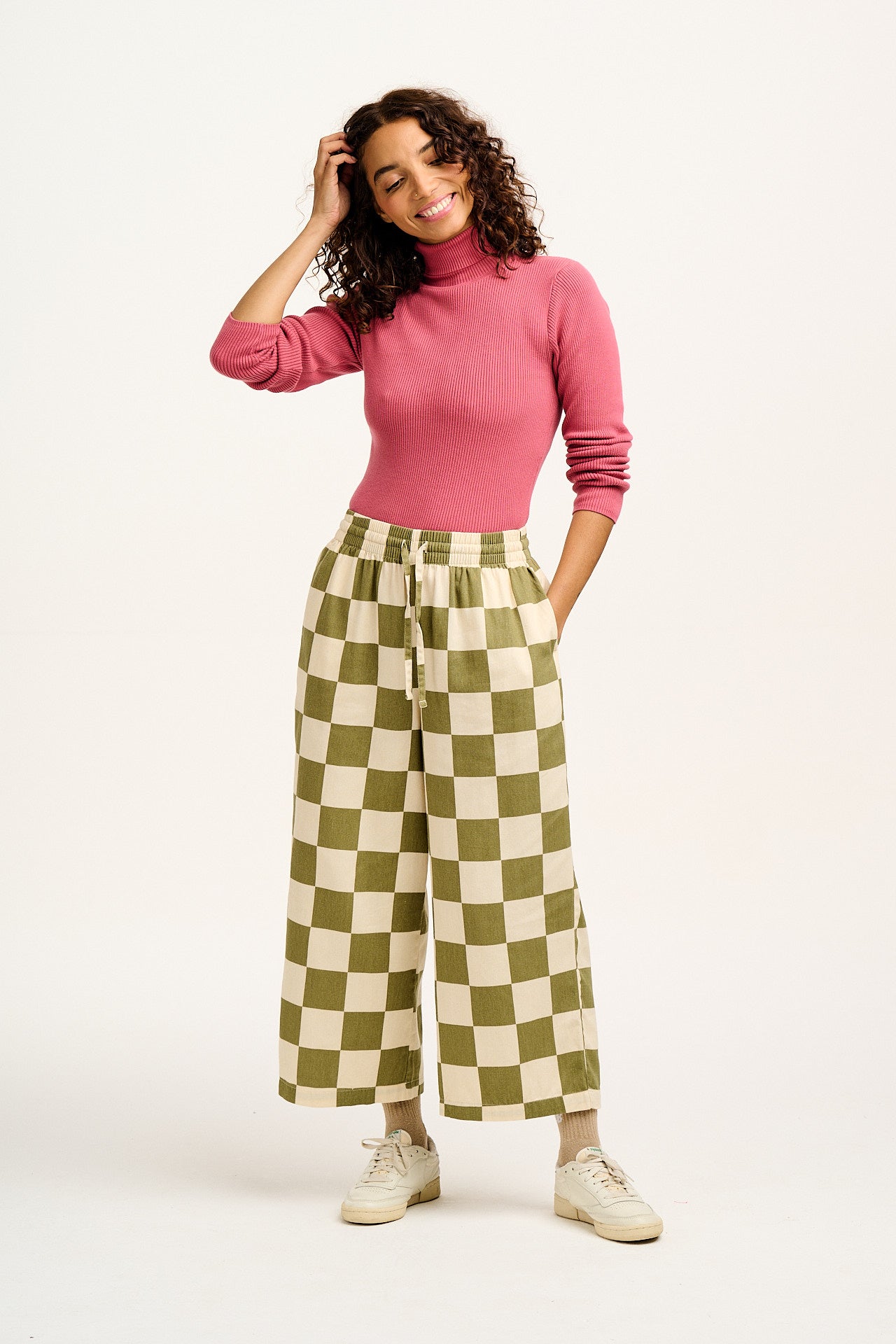 Chuck - Wide Leg Cotton Trousers in Pistachio Green Checkerboard Print