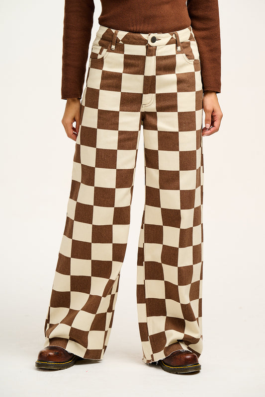 Carter - High Waisted Jeans in Cookies & Cream Checkerboard Print