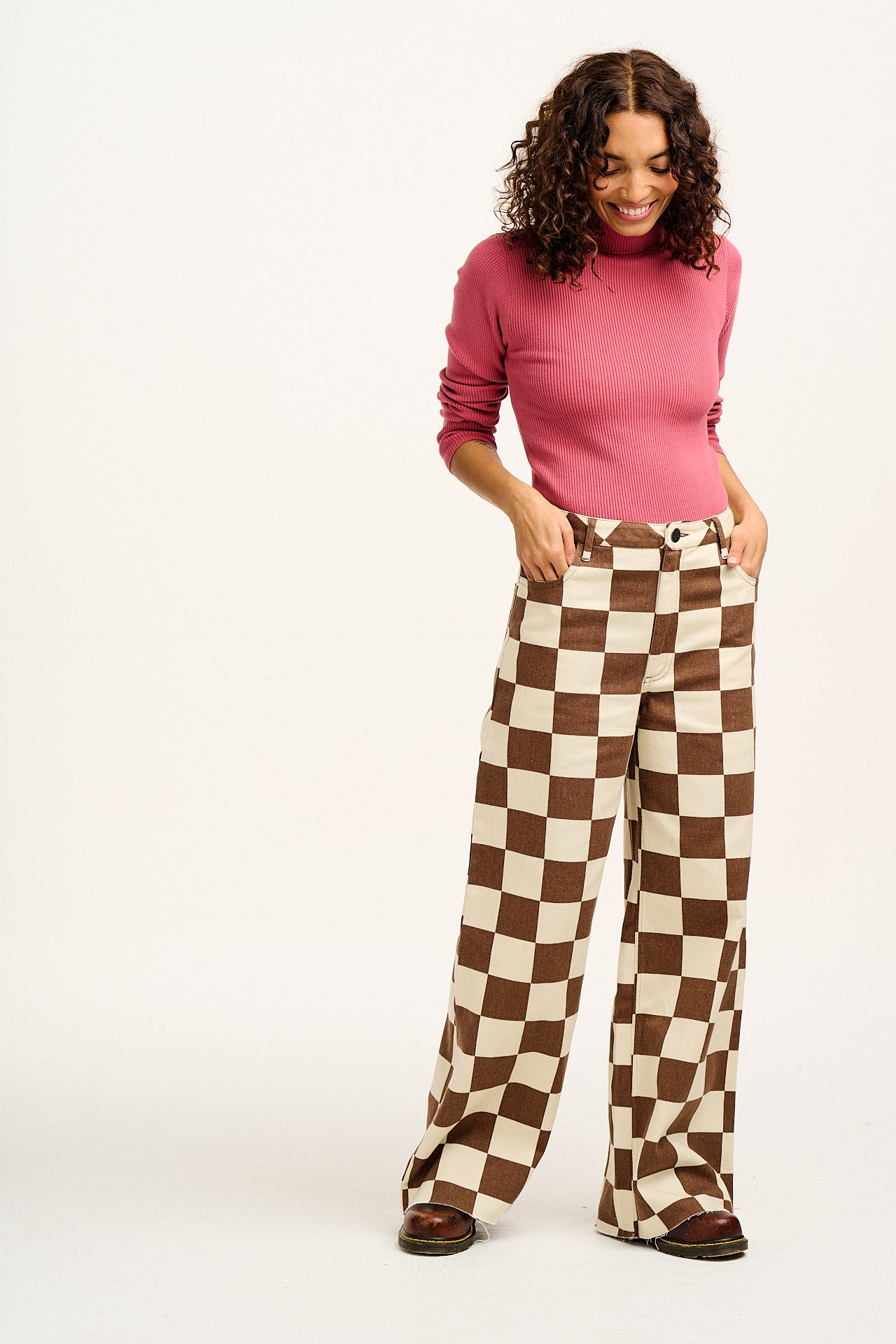 Carter - High Waisted Jeans in Cookies & Cream Checkerboard Print