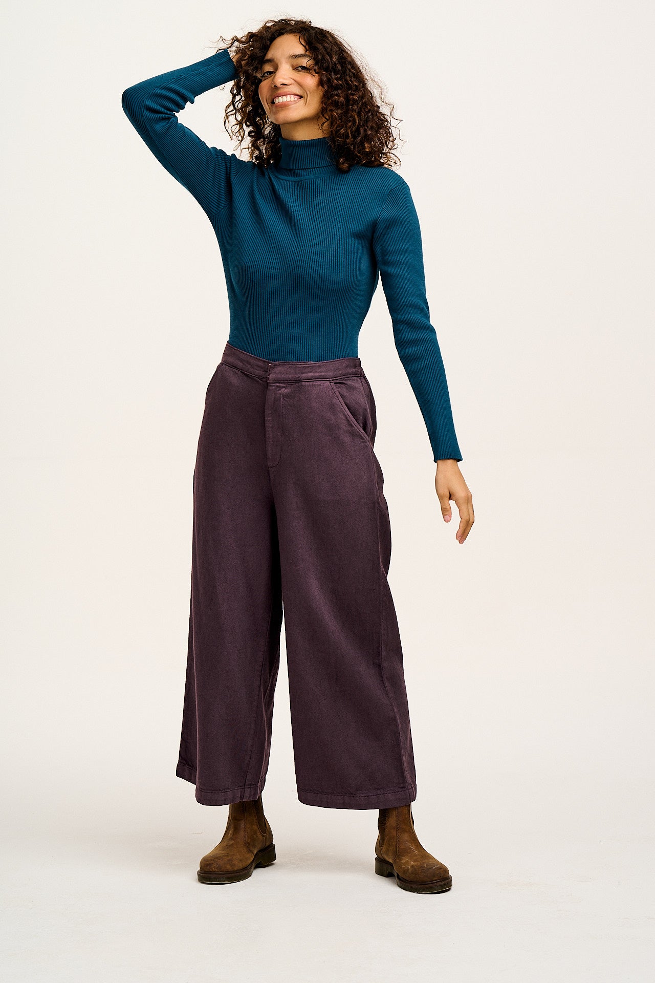 Aiden - Roll Neck Knitted Cotton Top in Twilight Blue