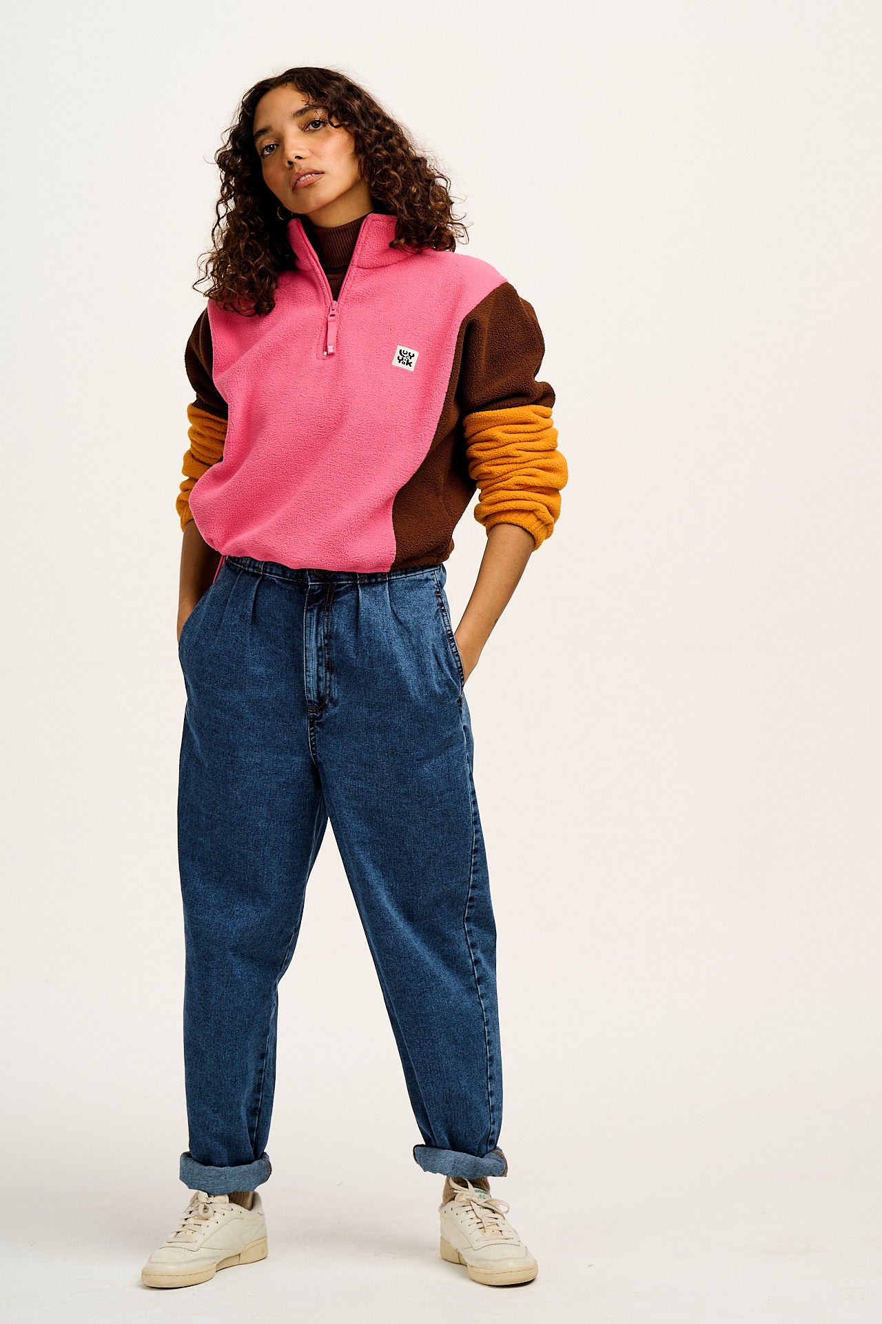 Blake - Cropped Polar Fleece in Ash Pink, Brown & Orange