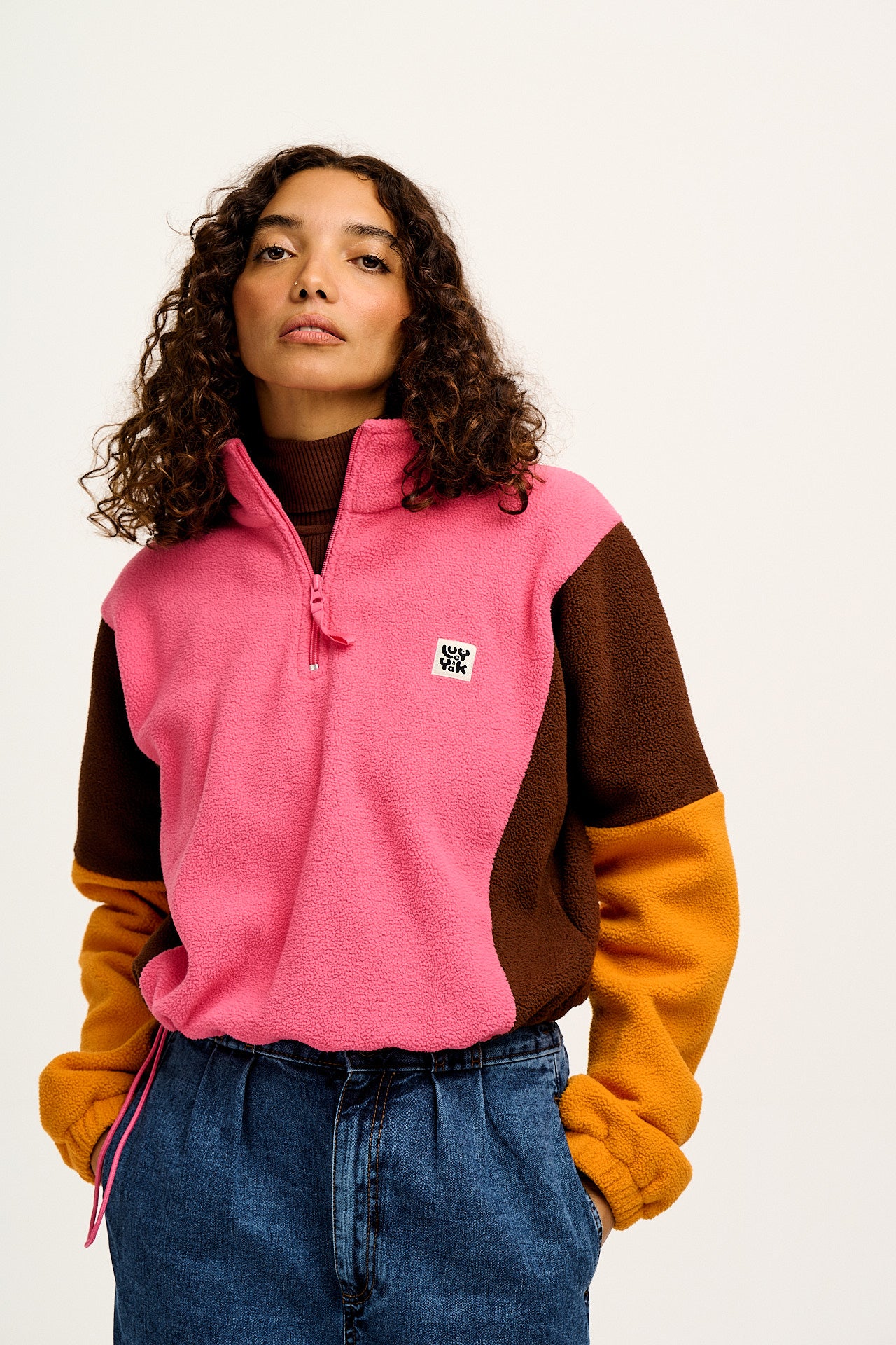 Blake - Cropped Polar Fleece in Ash Pink, Brown & Orange