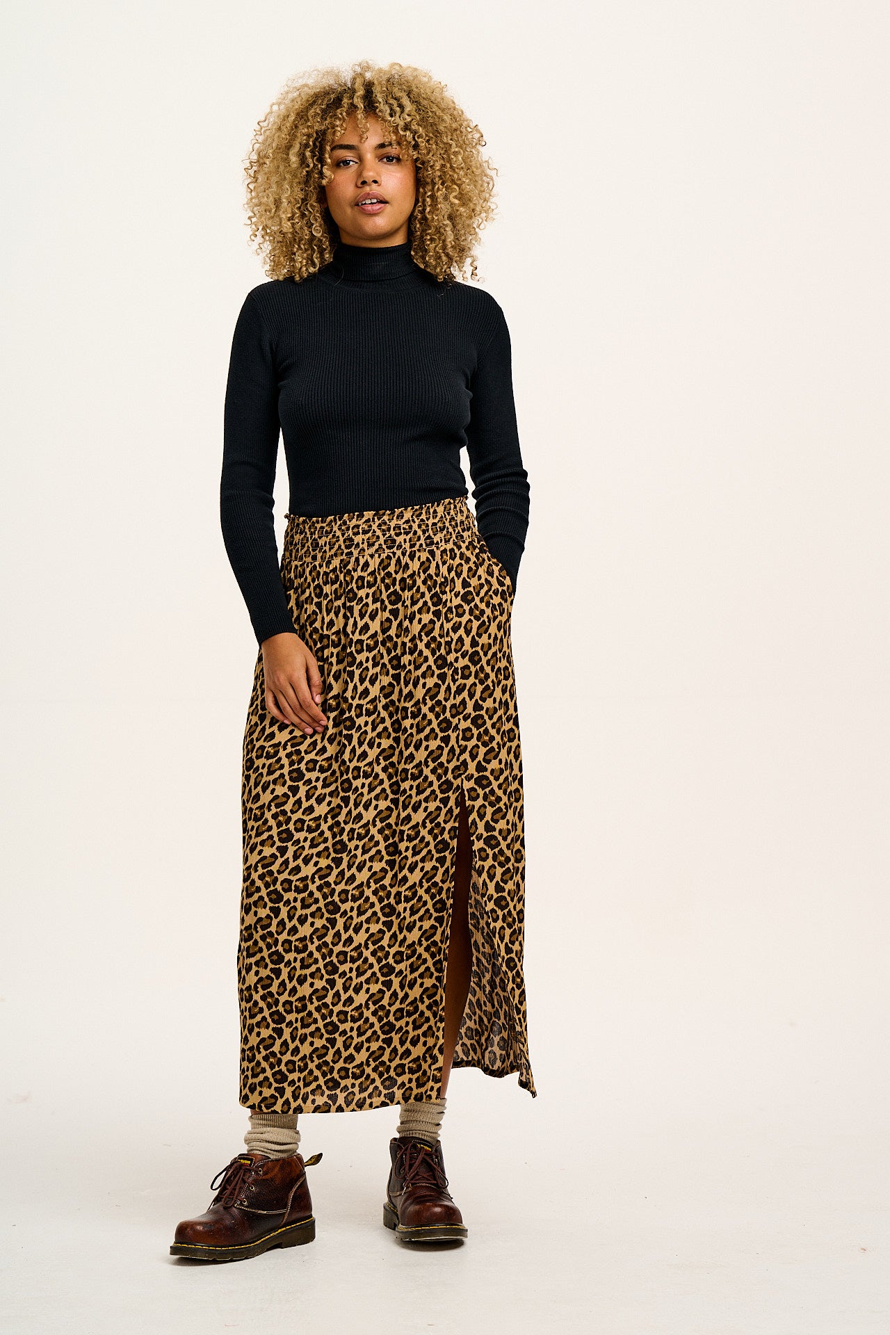 Poppy - Tencel Elasticated Waist Skirt in Leopard Print