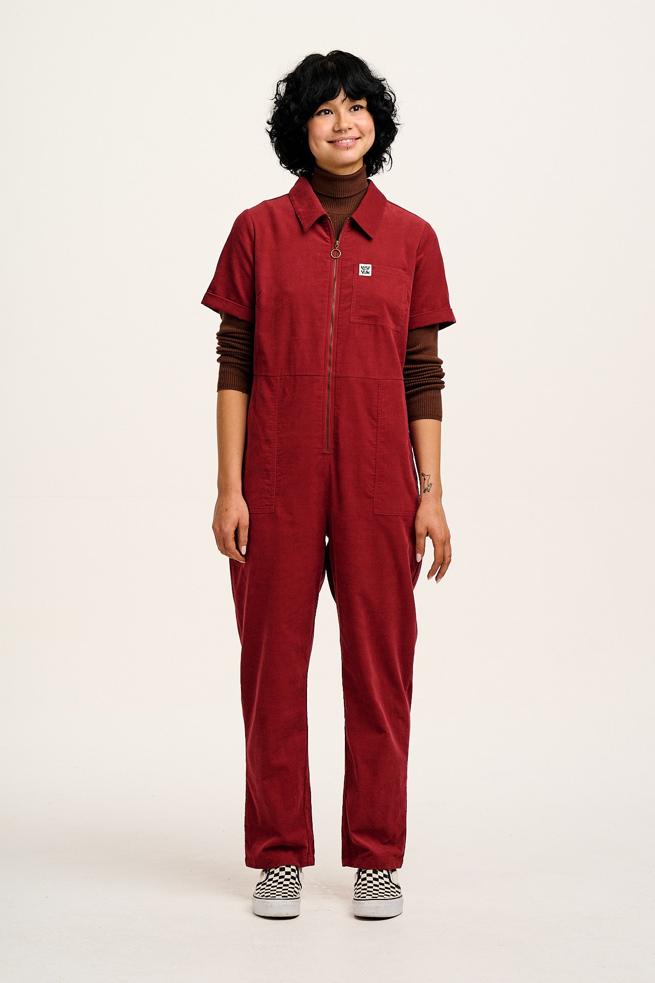 Rex - Short Sleeve Corduroy Jumpsuit in Dahlia Red