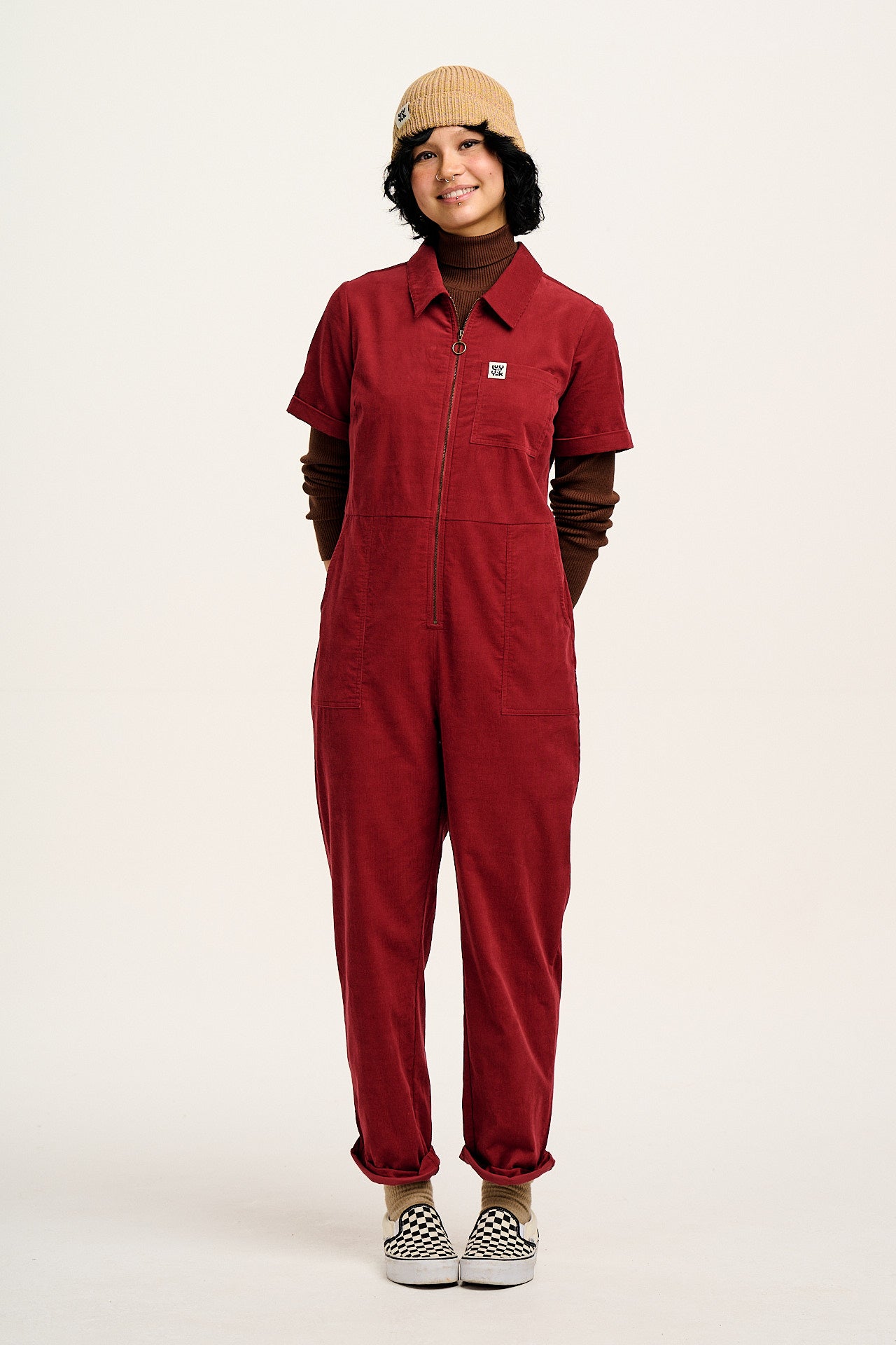 Rex - Short Sleeve Corduroy Jumpsuit in Dahlia Red