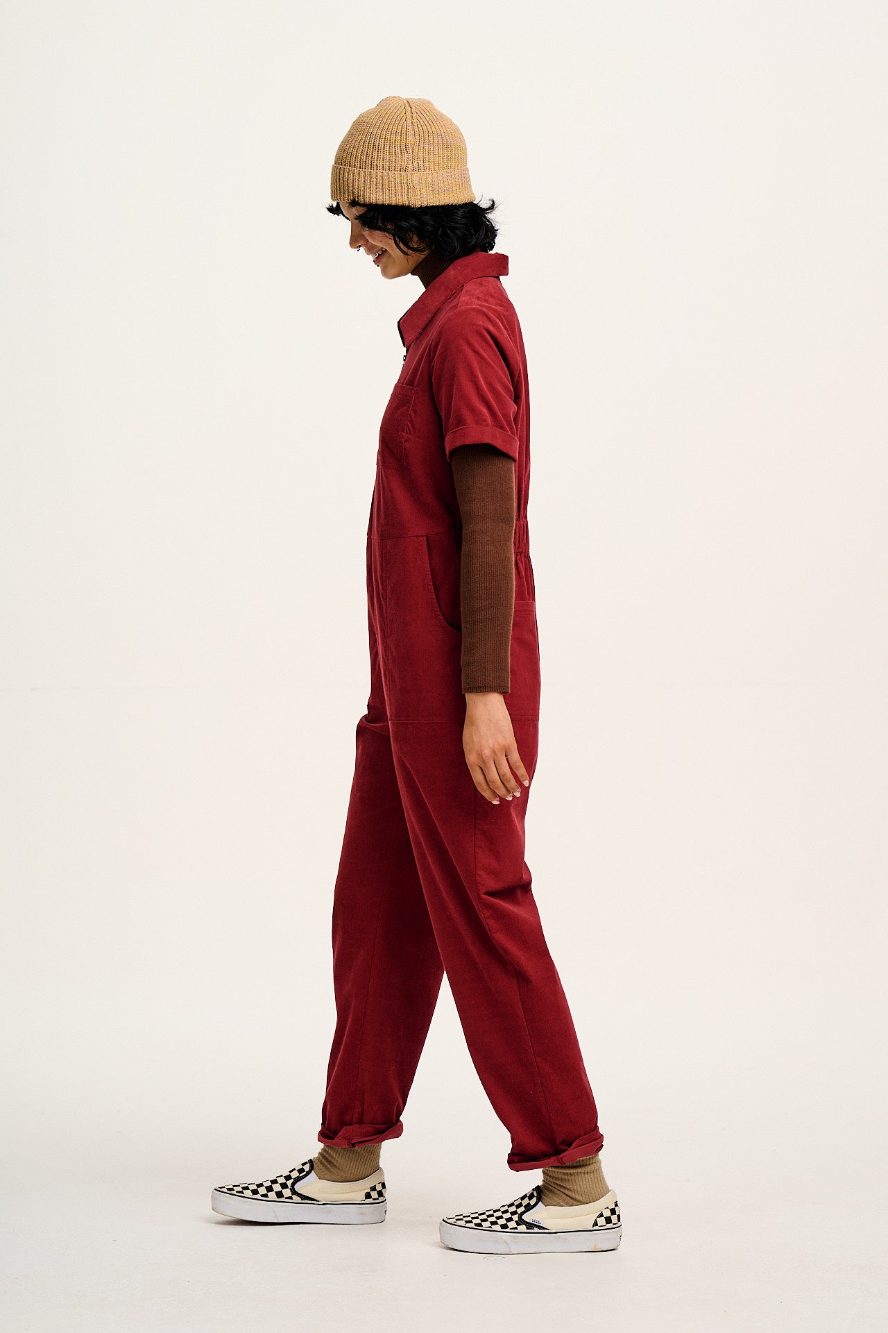 Rex - Short Sleeve Corduroy Jumpsuit in Dahlia Red