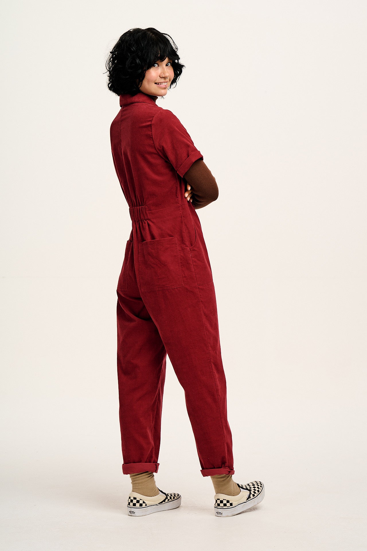 Rex - Short Sleeve Corduroy Jumpsuit in Dahlia Red