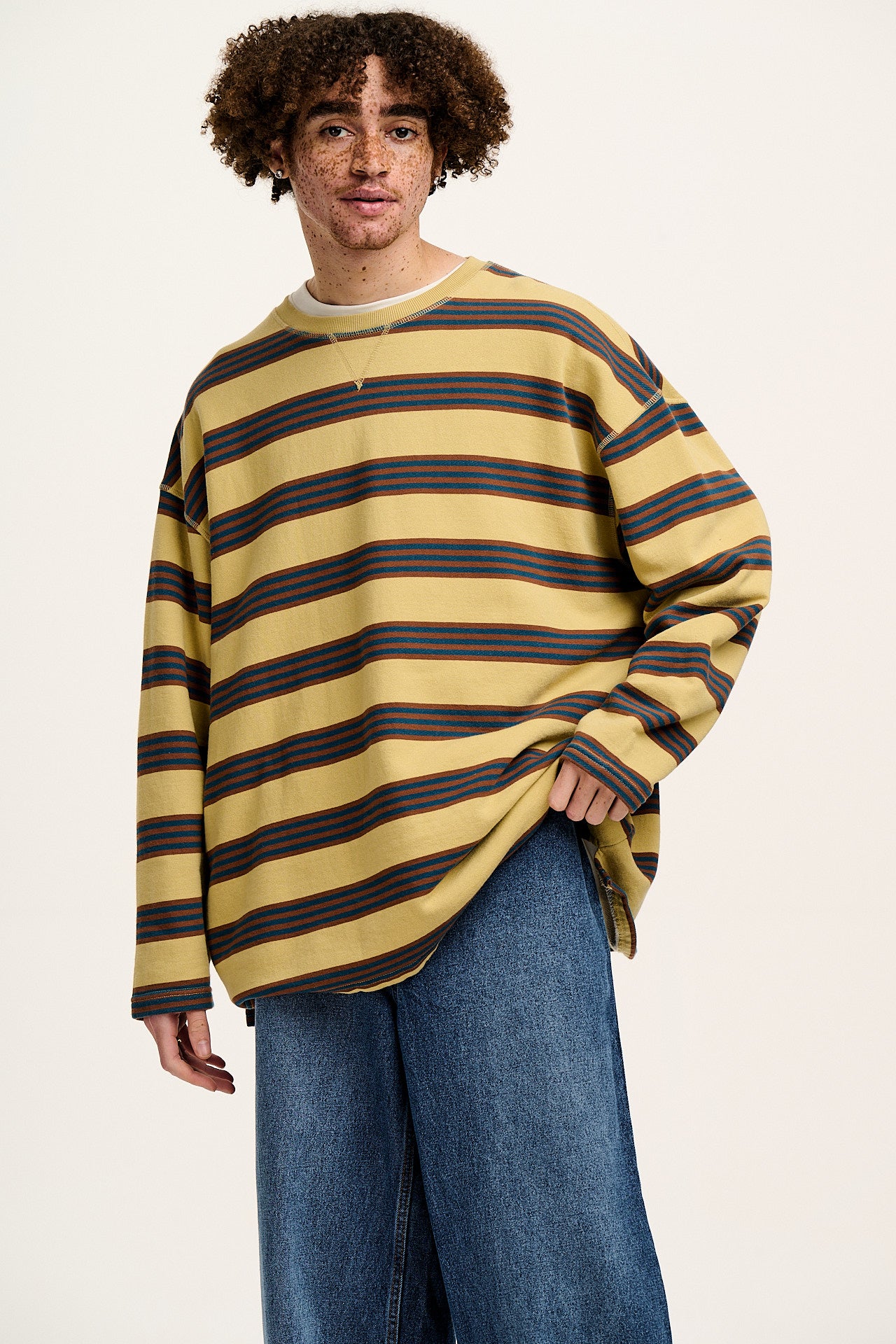 Kai - Midweight Cosy Loop Back Cotton Sweatshirt in Brown & Blue Skater Stripe