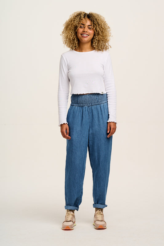 Alexa - Cotton & Hemp Trousers in Mid Wash Blue