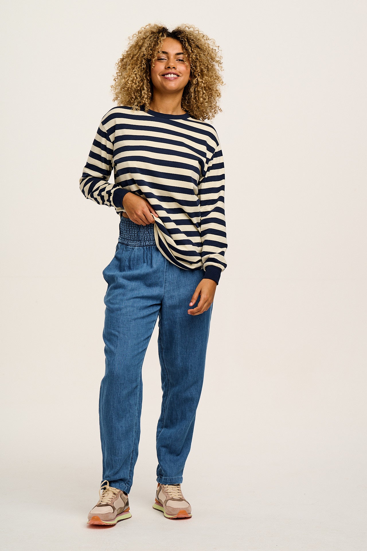 Kenny - Long Sleeve Skater Cotton Tee in Navy & Ecru Stripe