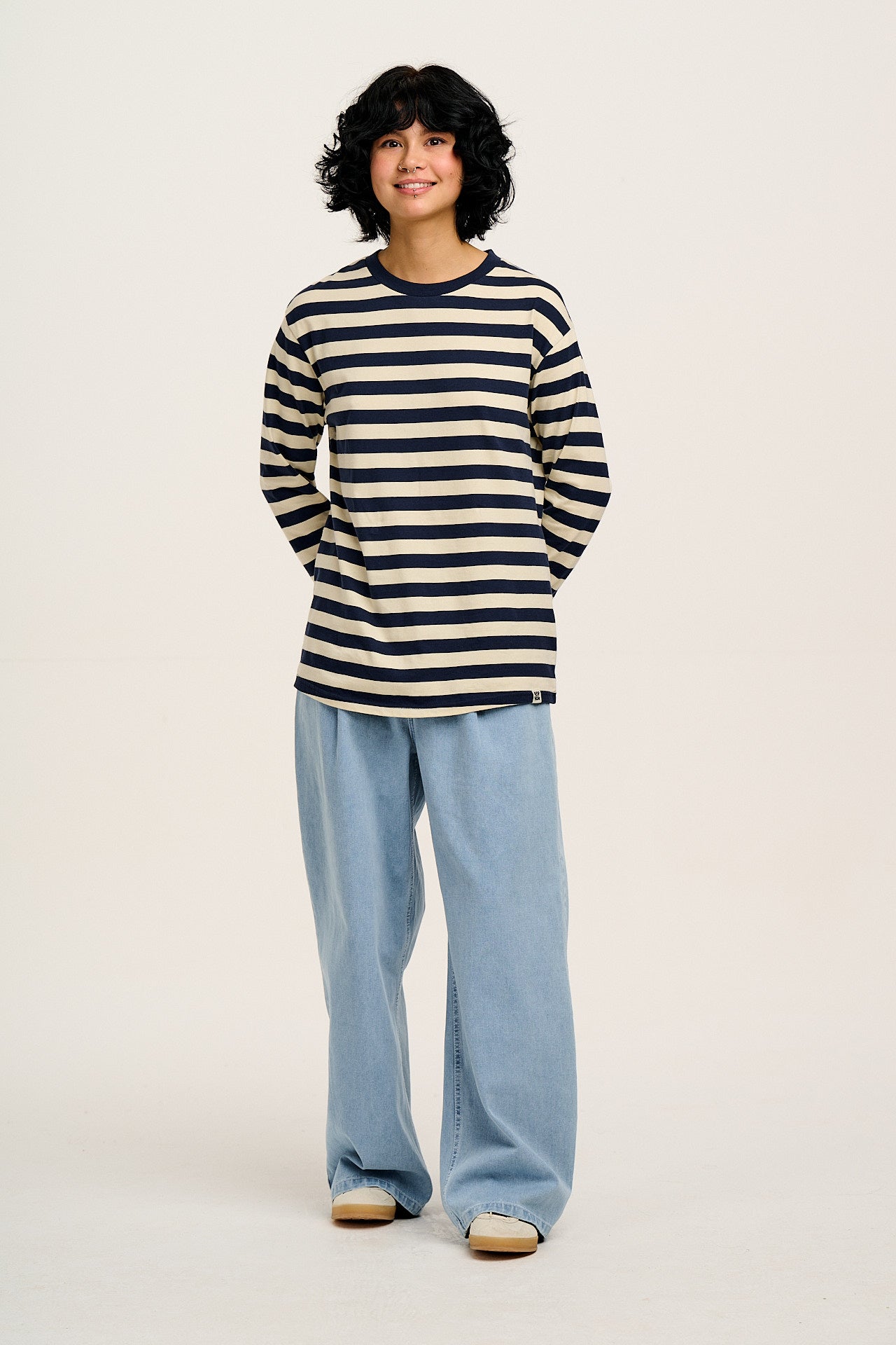 Kenny - Long Sleeve Skater Cotton Tee in Navy & Ecru Stripe