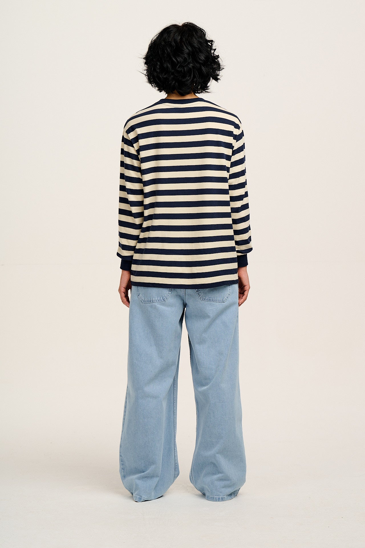 Kenny - Long Sleeve Skater Cotton Tee in Navy & Ecru Stripe