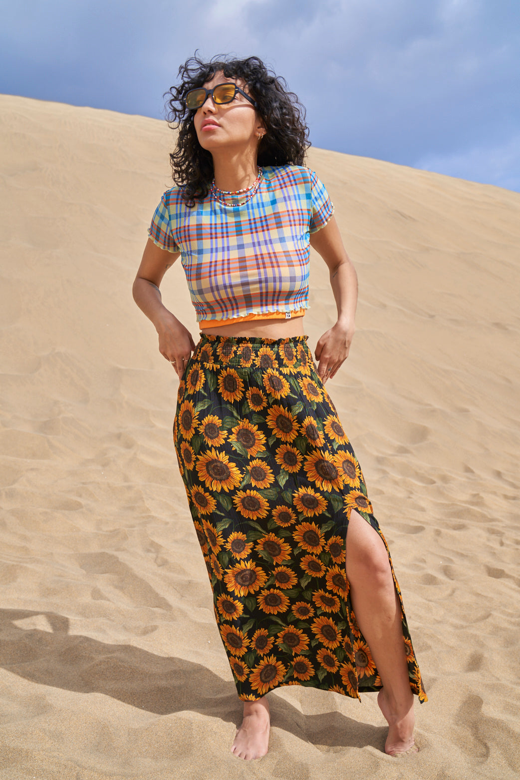 Poppy - Tencel Elasticated Waist Skirt in Sunflowers Print