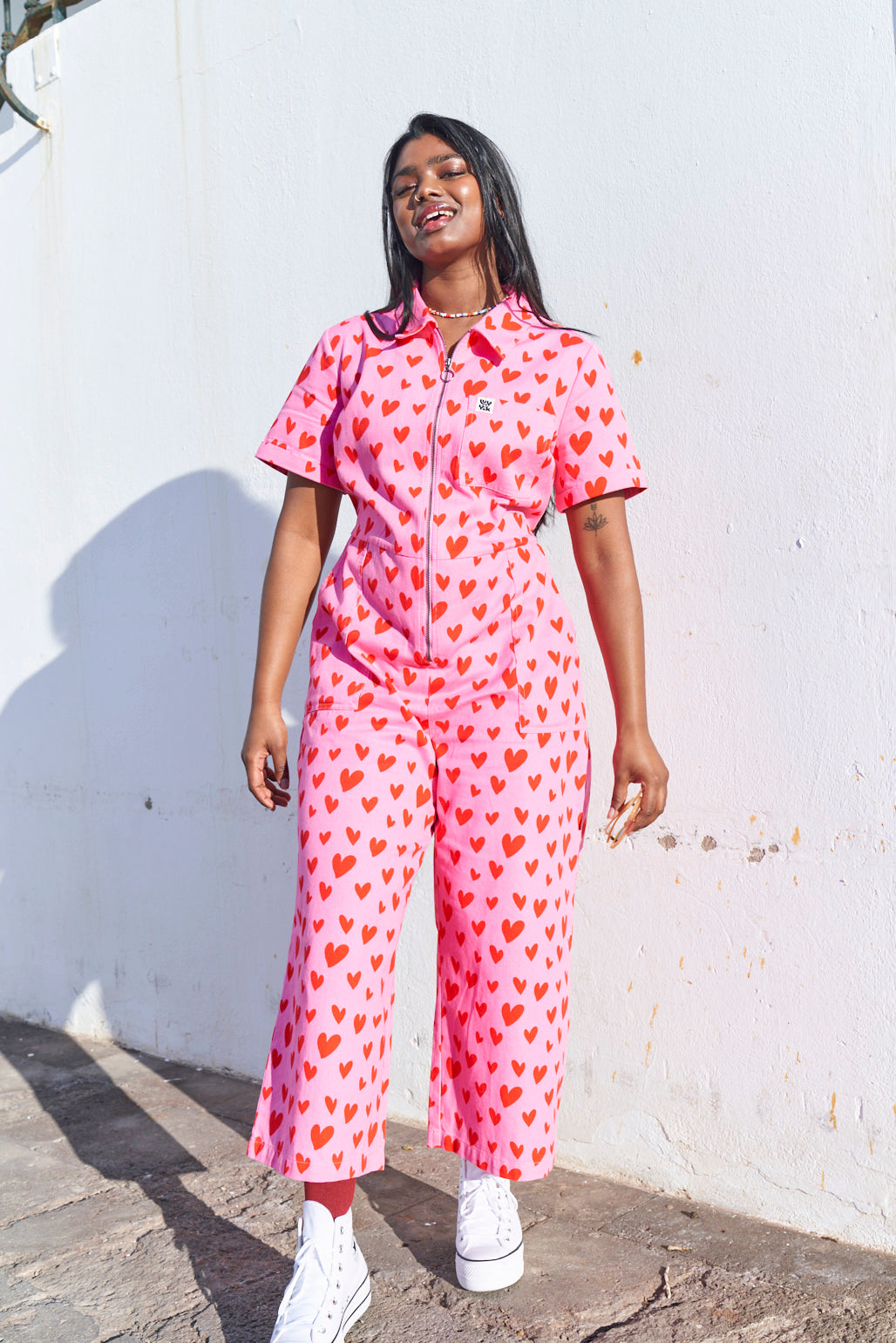 Ragan - Cotton Jumpsuit in Pink Heart Cupid Print